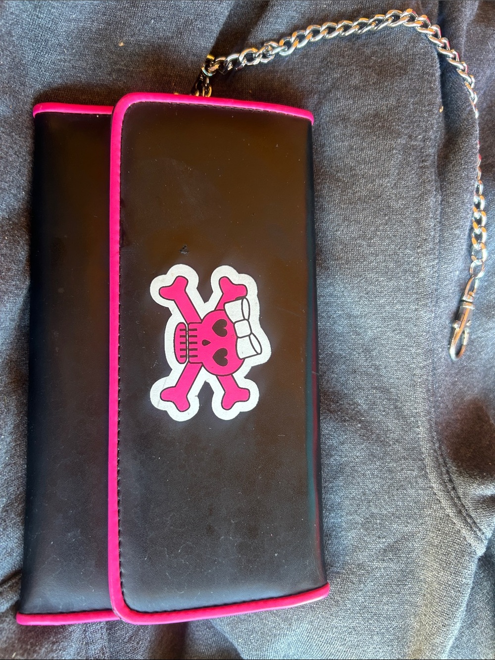 Black Wallet on chain with Hot Pink Trim and Skull crossbones vintage
